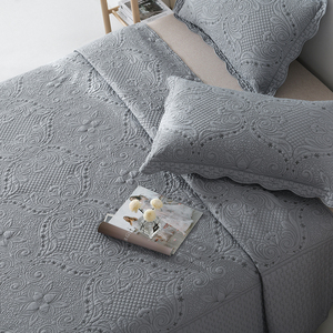 欧式外贸灰色床单双面绣花绗缝被三件套夹棉床盖单件空调被床罩