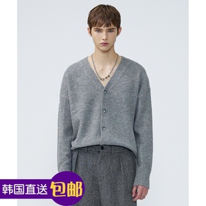 新面包韩国直邮设计师MARTIN男V领针织羊毛开衫蓝灰色袖扣毛衣