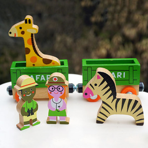 法国品牌散件情景积木玩具木制火车斗长颈鹿斑马模型儿童