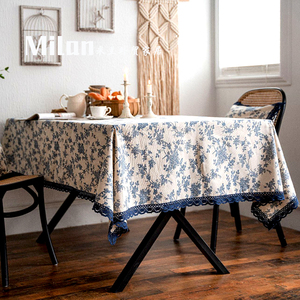 法式复古棉麻台布桌布家用盖巾蕾丝花边长桌布床头柜台布