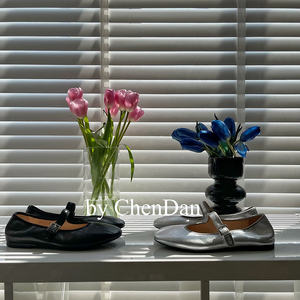 手工鞋by chendan陈丹女鞋2024新款银色奶奶鞋玛丽珍平跟真皮浅口
