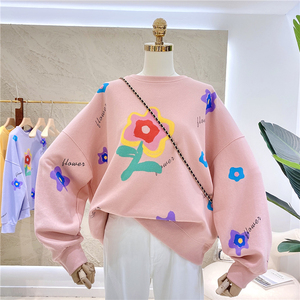 香港潮牌2021年春秋薄款百搭花朵图案印花卫衣女宽松粉色小清新风