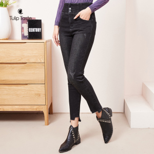 郁香菲2020新款显瘦磨毛牛仔裤女高腰弹力双排扣小脚裤