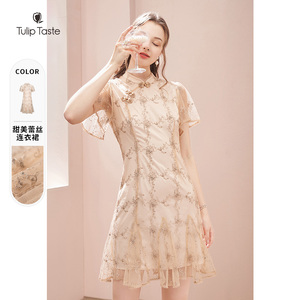 郁香菲收腰连衣裙2021新款法式蕾丝复古气质时尚收腰显瘦短袖裙子
