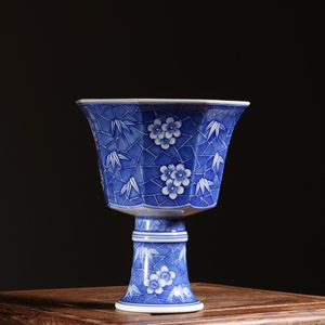 锦玉清韵王琳窑青花堆雕冰梅八方高足杯茶杯个人品茗杯陶瓷茶具