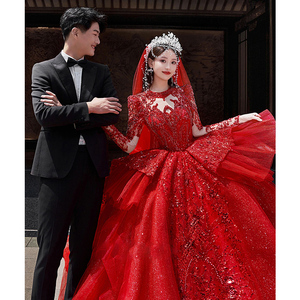 红色法式长袖婚纱礼服2024新款新娘高端大拖尾高级质感宫廷风主纱