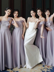 缎面伴娘服女紫色平时可穿小众高级感姐妹团合唱表演晚礼服裙夏季