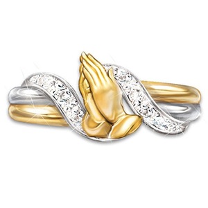 Youngwish创意双手祈祷分色戒指 欧美镀18k黄金镶钻祝福指环