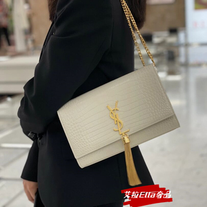 ysl/圣罗兰鳄鱼纹流苏kate链条包单肩斜挎包黑金翻盖邮差信封包