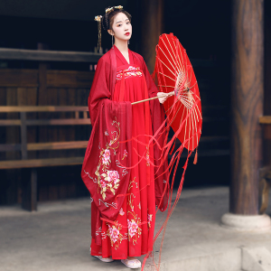 原创汉服女花嫁衣交领襦裙齐腰大袖衫重工刺绣绣花大红色日常夏装