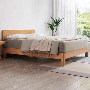 日式实木床1米35简约齐边床1米2床小户型床架1米薄头橡木床架原木