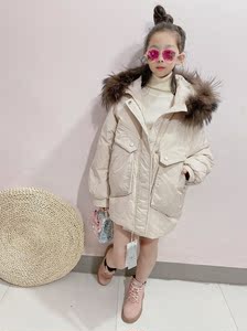 韩国冬新款韩版男女童中大童貉子毛大毛领中长款羽绒服外套