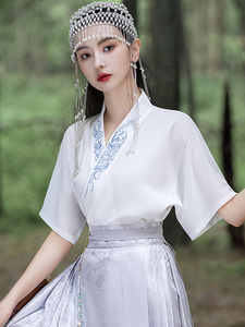 复古中国风斜襟衬衫马面裙的V领上衣改良高级汉服白色衬衣夏季女
