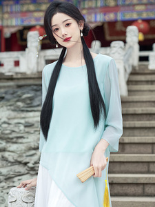 中式仙气茶服上衣改良汉服连衣裙中国风禅意茶艺师服装套装女夏季