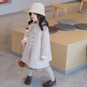 韩国童装女童呢子大衣秋冬季新品中小童洋气娃娃领中长款毛呢外套