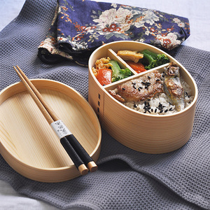 无漆原木日式木质便当盒饭盒简约分格午餐盒点心饭团寿司盒送布袋