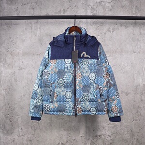 秋冬新款evisu福神男士满地织锦拼布标志刺绣运动休闲羽绒棉服女