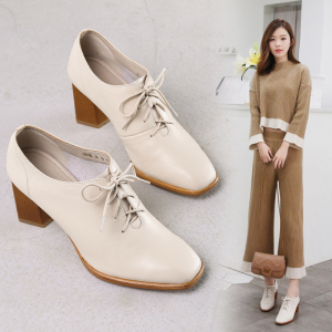 春季新款韩版真皮高跟鞋粗跟系带深口单鞋白色女鞋子小白鞋皮鞋