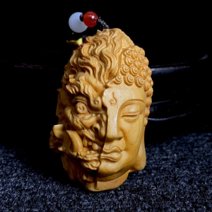 太行崖柏善恶佛魔一念之间吊坠佛头手把件工艺品小摆件文玩小挂件