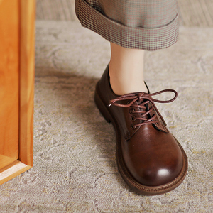 复古小皮鞋女春秋百搭单鞋系带休闲真皮软底英伦风女鞋大头娃娃鞋