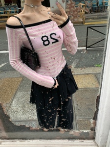 seooocookie韩国小众设计24早春一字领少女百搭粉色28条纹针织衫