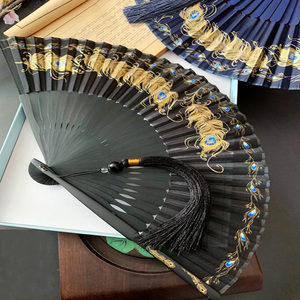 古风扇子折扇孔雀翎羽毛扇子孔雀扇子女式折叠随身离琴笙歌竹扇子