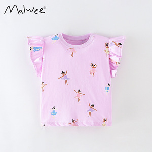 malwee女童夏装新款欧美外贸童装洋气圆领衫小女孩上衣儿童装T恤