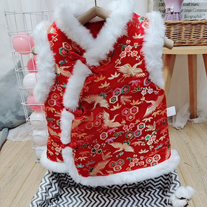 手工棉花衣服男童女童拜年服新年衣新年装绸缎棉服马甲加厚