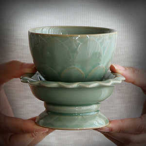 越窑茶杯带杯托茶盏仿古瓷器古玩收藏雕刻莲花纹品茗杯主人杯茶具