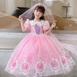 爱莎公主裙儿童2023夏季新款艾莎生日连衣裙女孩粉色礼服蓬蓬纱裙