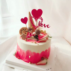 七夕520情人节生日蛋糕装饰接吻情侣摆件 亚克力心形love爱心插牌
