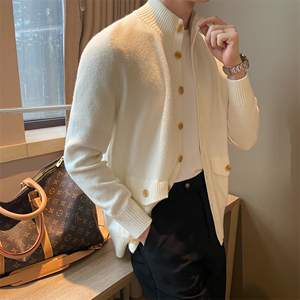 休闲蜂窝格纹学院风潮男毛衣修身立领扣式款纯色带口袋针织开衫