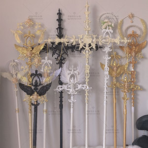 原创lolita权杖手杖白金黑十字架翅膀华丽花嫁茶会走秀拍照道具