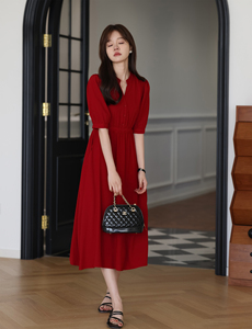 红色连衣裙女2024夏季新款韩版收腰显瘦过膝长款雪纺裙气质长裙