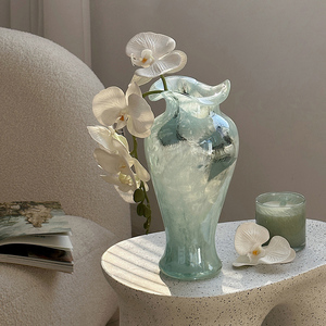 法式蓝色中古芬顿玻璃花瓶轻奢插花水培造型花器高级感玄关摆件