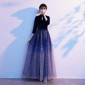 蓝色演出服女大合唱团表演服装指挥晚礼服独唱长裙丝绒渐变星空裙