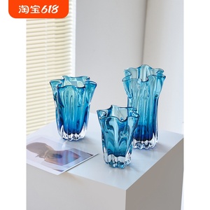 北欧轻奢克莱因蓝色琉璃花瓶玻璃装饰摆件客厅餐桌面插花水养花器