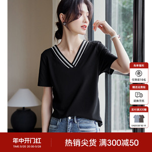 XWI/欣未V领织带设计短袖T恤女2024夏季新款优雅气质黑色半袖上衣