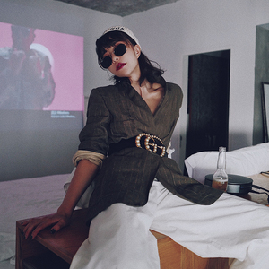 lamps阿水女装中长款小西装女 亚麻条纹复古外