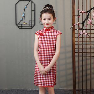 红色女童旗袍2024夏新款儿童中国风格子改良旗袍裙文艺复古连衣裙