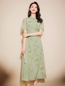 黛玛诗显瘦花裙子春夏新款优雅国风连衣裙绿色改良旗袍女新中式