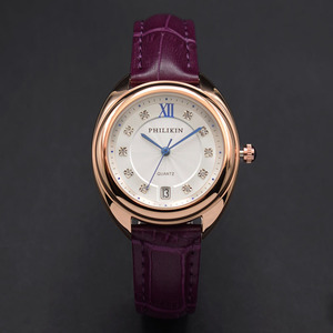 罗子君同款手表女士 高贵紫色皮带日历 水钻 休闲