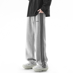 XWWF美式潮牌卫裤男夏季重磅刺绣三条杠裤子灰色宽松直筒运动长裤