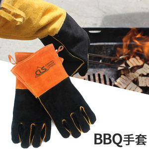 户外野营BBQ手套耐高温牛皮耐磨焊接手套加长加厚微波炉隔热手套