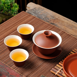 潮汕朱泥陶瓷茶具套装紫砂功夫茶具茶杯茶铺试茶家用盖碗三才碗