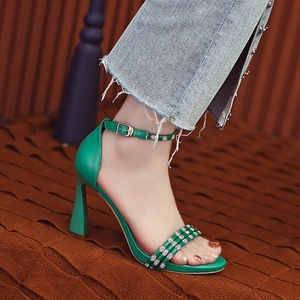 水钻一字带凉鞋女网红超高细跟高跟鞋2022年夏季新款配裙子宴会鞋