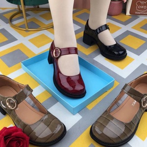 浅口粗跟单鞋女2024夏季新款韩版圆头漆皮小皮鞋中跟一字扣带女鞋