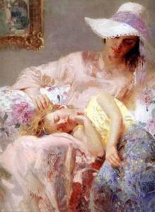 中 国画 匠手绘油画装饰画画芯临摹世界名画欧式皮诺母女亲情人物