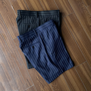 夏季新款 男士黑色藏蓝色条纹修身翻边短裤 免烫中腰休闲西装短裤