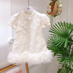 【白玫瑰】女童短袖旗袍连衣裙24夏季中式儿童女宝立体花朵网纱裙